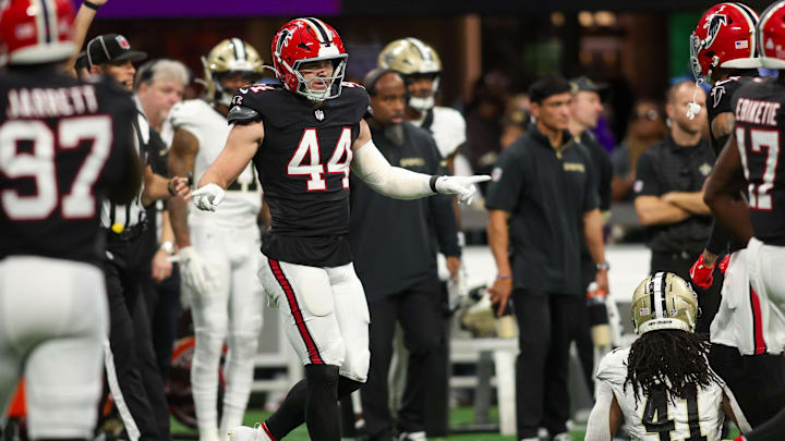 Sep 29, 2024; Atlanta, Georgia, USA; Atlanta Falcons linebacker Troy Andersen (44) reacts after a tackle against the New Orleans Saints in the second quarter at Mercedes-Benz Stadium. Mandatory Credit: Brett Davis-Imagn Images