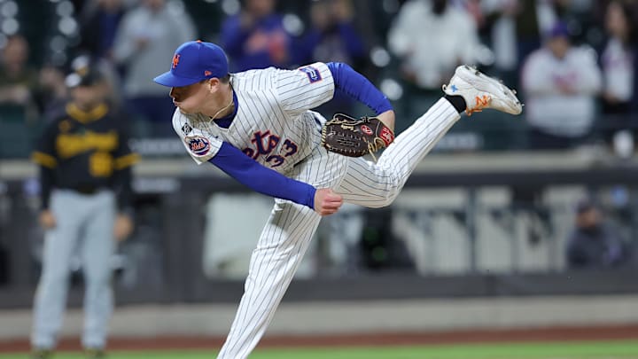 Apr 16, 2024; New York City, New York, USA; New York Mets pitcher Drew Smith (33) follows through on a pitch against the Pittsburgh Pirates during the ninth inning at Citi Field. Mandatory Credit: Brad Penner-Imagn Images Apr 16, 2024; New York City, New York, USA; New York Mets pitcher Drew Smith (33) follows through on a pitch against the Pittsburgh Pirates during the ninth inning at Citi Field. Mandatory Credit: Brad Penner-Imagn Images