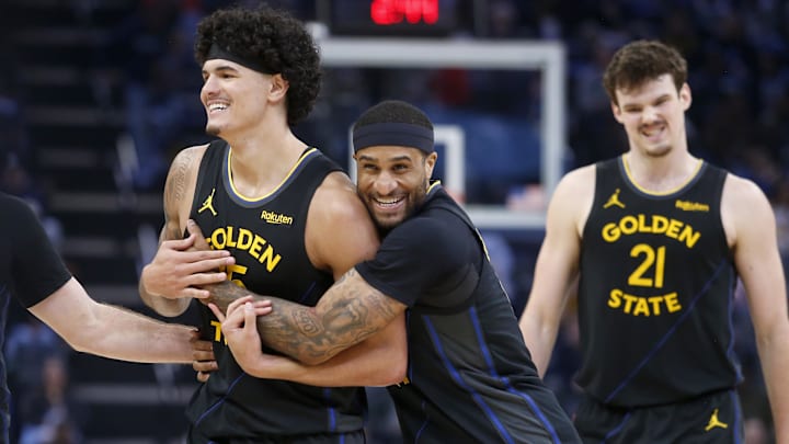 Feb 25, 2026; Memphis, Tennessee, USA; Golden State Warriors guard Gary Payton II (0) embraces with forward Gui Santos (15) during the second half against the Memphis Grizzlies at FedExForum. Mandatory Credit: Petre Thomas-Imagn Images Feb 25, 2026; Memphis, Tennessee, USA; Golden State Warriors guard Gary Payton II (0) embraces with forward Gui Santos (15) during the second half against the Memphis Grizzlies at FedExForum. Mandatory Credit: Petre Thomas-Imagn Images