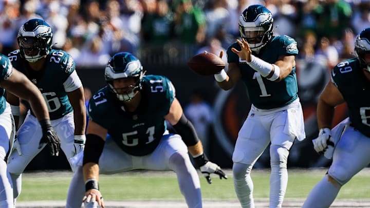 Oct 27, 2024; Cincinnati, Ohio, USA; Philadelphia Eagles quarterback Jalen Hurts (1) snaps the ball against the Cincinnati Bengals in the first half at Paycor Stadium. Mandatory Credit: Katie Stratman-Imagn Images