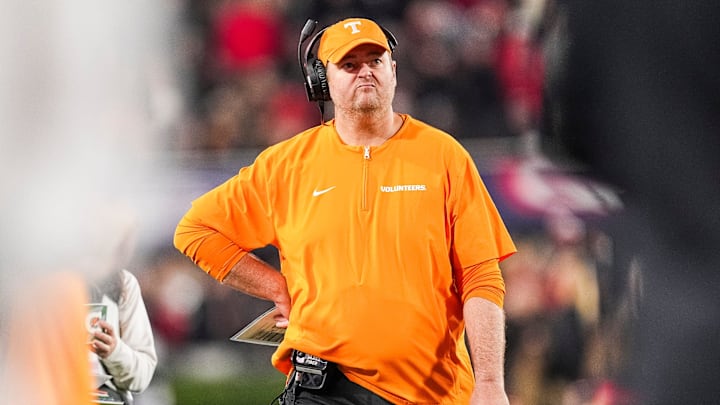 Tennessee head coach Josh Heupel makes a face during a college football game between Tennessee and Georgia at Sanford Stadium in Athens, Ga., on Saturday, November 16, 2024. Tennessee head coach Josh Heupel makes a face during a college football game between Tennessee and Georgia at Sanford Stadium in Athens, Ga., on Saturday, November 16, 2024.