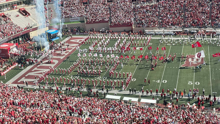 A shot of Memorial Stadium as the Indiana football team runs on to the field prior to the Indiana-Nebraska game on Oct. 19, 2024.