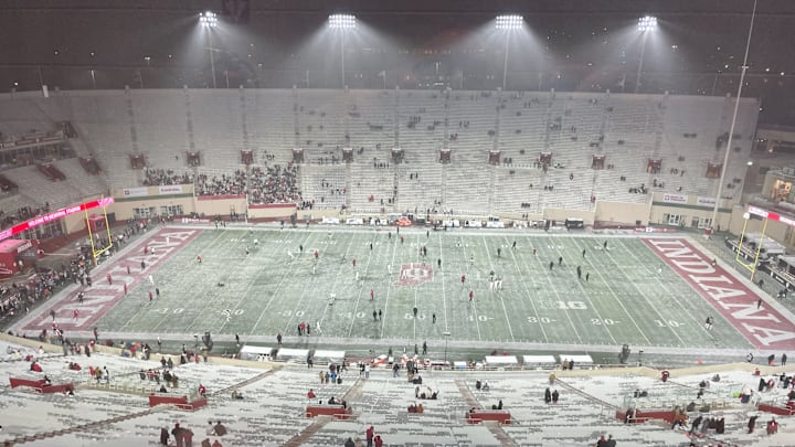 A pregame look at Memorial Stadium as snow fell during pregame warmups for the annual Old Oaken Bucket game between Indiana and Purdue on Nov. 30, 2024.