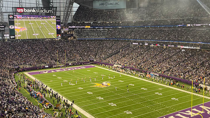 The opening kickoff at U.S. Bank Stadium for Packers-Vikings. The opening kickoff at U.S. Bank Stadium for Packers-Vikings.