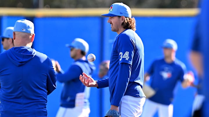 Feb 13, 2026; Dunedin, FL, USA; Toronto Blue Jays pitcher Kevin Gausman (34) takes a break during spring training at the Bobby Mattick Training Center at Englebert Complex. Mandatory Credit: Jonathan Dyer-Imagn Images