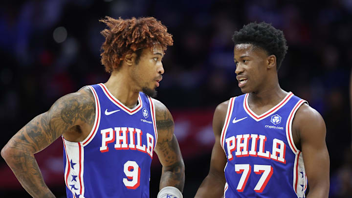 Oct 27, 2025; Philadelphia, Pennsylvania, USA; Philadelphia 76ers guard Kelly Oubre Jr. (9) and guard VJ Edgecombe (77) talk during a break in the first quarter against the Orlando Magic at Xfinity Mobile Arena. Mandatory Credit: Bill Streicher-Imagn Images Oct 27, 2025; Philadelphia, Pennsylvania, USA; Philadelphia 76ers guard Kelly Oubre Jr. (9) and guard VJ Edgecombe (77) talk during a break in the first quarter against the Orlando Magic at Xfinity Mobile Arena. Mandatory Credit: Bill Streicher-Imagn Images