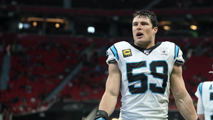 Dec 8, 2019; Atlanta, GA, USA; Carolina Panthers middle linebacker Luke Kuechly (59) greets teammates after a touchdown in the fourth quarter against the Atlanta Falcons at Mercedes-Benz Stadium. Mandatory Credit: Jason Getz-Imagn Images
