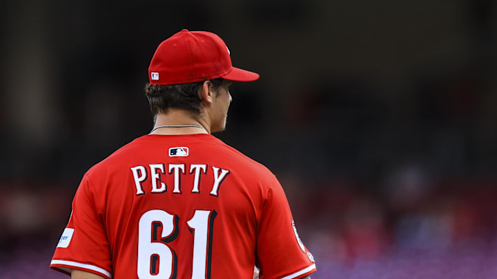 Cincinnati Reds starting pitcher Chase Petty (61) prepares to pitch in the first inning against the St. Louis Cardinals at Great American Ball Park on April 30.