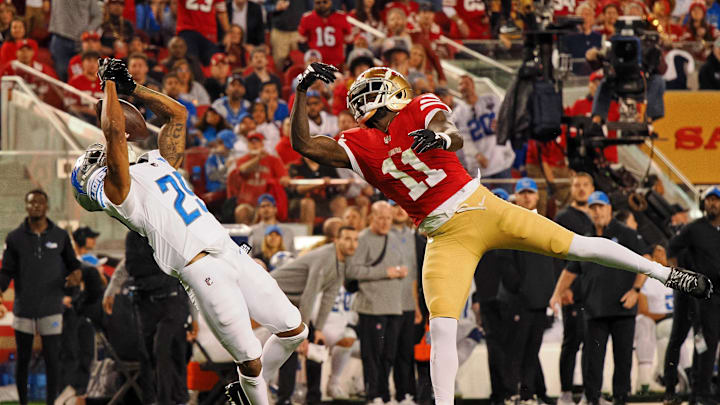 Jan 28, 2024; Santa Clara, California, USA; Detroit Lions cornerback Kindle Vildor (29) is unable to catch the ball against the San Francisco 49ers.
