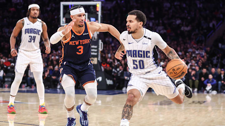 Orlando Magic guard Cole Anthony (50) looks to drive past New York Knicks guard Josh Hart (3) in the fourth quarter at Madison Square Garden. Orlando Magic guard Cole Anthony (50) looks to drive past New York Knicks guard Josh Hart (3) in the fourth quarter at Madison Square Garden.