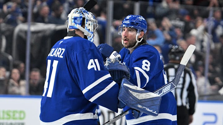 Nov 16, 2024; Toronto, Ontario, CAN; Toronto Maple Leafs defenseman Chris Tanev (8) congratulates goalie Anthony Stolarz (41) after an overtime victory against the Edmonton Oilers at Scotiabank Arena. Mandatory Credit: Dan Hamilton-Imagn Images Nov 16, 2024; Toronto, Ontario, CAN; Toronto Maple Leafs defenseman Chris Tanev (8) congratulates goalie Anthony Stolarz (41) after an overtime victory against the Edmonton Oilers at Scotiabank Arena. Mandatory Credit: Dan Hamilton-Imagn Images