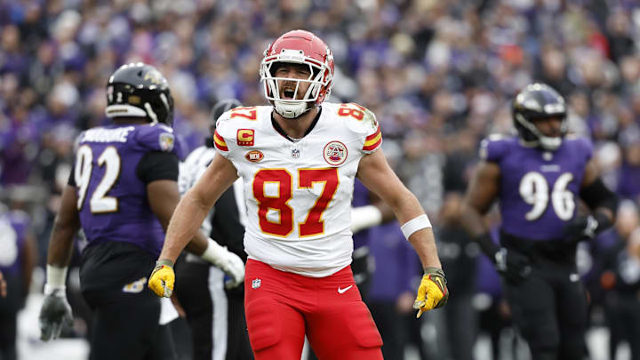 Jan 28, 2024; Baltimore, Maryland, USA; Kansas City Chiefs tight end Travis Kelce (87) celebrates