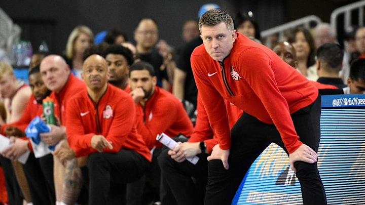 Feb 23, 2025; Los Angeles, California, USA; Ohio State Buckeyes head coach Jake Diebler during the second half agains the UCLA Bruins at Pauley Pavilion presented by Wescom. Mandatory Credit: Robert Hanashiro-Imagn Images