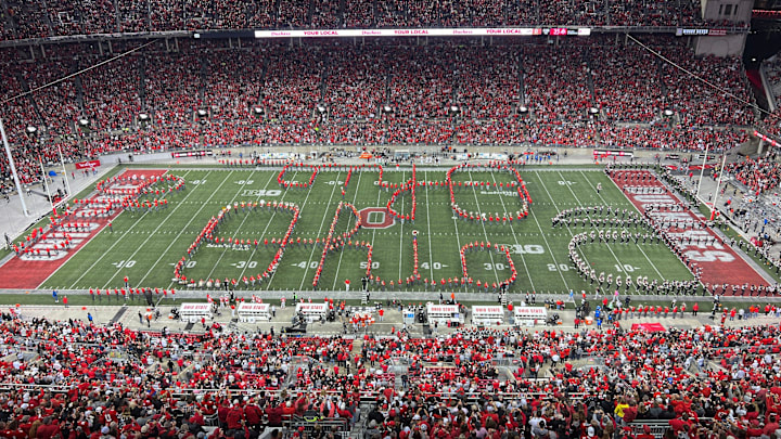 Sep 7, 2024; Columbus, OH, USA; The Ohio State University Marching Band and the Alumni Band join together to perform a quadruple Script Ohio in Ohio Stadium during halftime of the Western Michigan game Sept. 7, 2024.