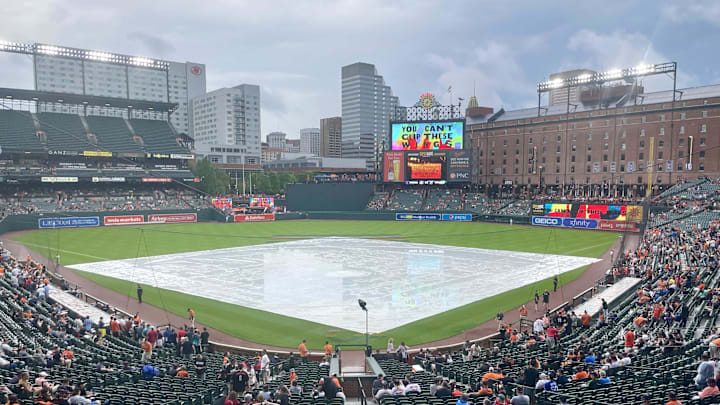 Jun 30, 2023; Baltimore, Maryland, USA; Rain delays the start of the Baltimore Orioles game against the Minnesota Twins at Oriole Park at Camden Yards. Mandatory Credit: Mitch Stringer-USA TODAY Sports