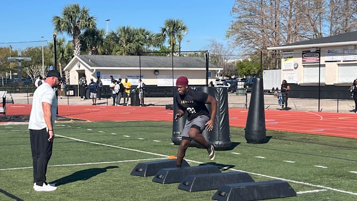 Cardinal Mooney defensive lineman Elijah Golden in individual drills during the Under Armour Next camp on Sunday, Feb. 23 at Bishop Moore High School in Orlando.