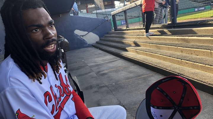 St. Louis Cardinals second base prospect Tre Richardson, of the Peoria Chiefs, has a Bible verse inside the bill of his ballcap and a memorial marking the date of his grandfather's death. St. Louis Cardinals second base prospect Tre Richardson, of the Peoria Chiefs, has a Bible verse inside the bill of his ballcap and a memorial marking the date of his grandfather's death.