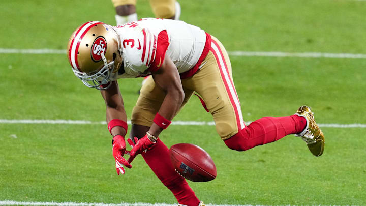 Feb 11, 2024; Paradise, Nevada, USA; San Francisco 49ers wide receiver Ray-Ray McCloud III (3) attempts to recover a muffed punt against the Kansas City Chiefs in the second half in Super Bowl LVIII at Allegiant Stadium. Mandatory Credit: Stephen R. Sylvanie-Imagn Images