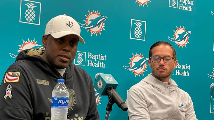 Dolphins general manager Chris Grier and coach Mike McDaniel address reporters Tuesday.

Img 9284