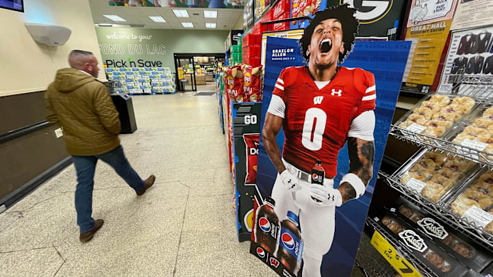 A promotional display for Pepsi featuring Wisconsin running back Braelon Allen is shown in November 2022 at a Pick 'n Save store in Fond du Lac, Wis. When the NCAA enacted Name Image Likeness (NIL) legislation in July 2021. it gave athletes the opportunity to earn money off endorsements as well as use their name in support of causes important to them.