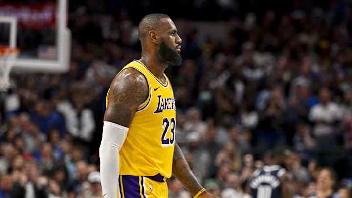 Dec 12, 2023; Dallas, Texas, USA; Los Angeles Lakers forward LeBron James (23) walks off the court during the second half against the Dallas Mavericks at the American Airlines Center. Mandatory Credit: Jerome Miron-Imagn Images Dec 12, 2023; Dallas, Texas, USA; Los Angeles Lakers forward LeBron James (23) walks off the court during the second half against the Dallas Mavericks at the American Airlines Center. Mandatory Credit: Jerome Miron-Imagn Images