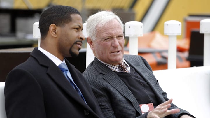 Oct 28, 2018; Pittsburgh, PA, USA;  Cleveland Browns vice president Andrew Berry (L) talks with Browns owner Jimmy Haslam (R) on the bench before the Browns play the Pittsburgh Steelers at Heinz Field. Mandatory Credit: Charles LeClaire-Imagn Images
