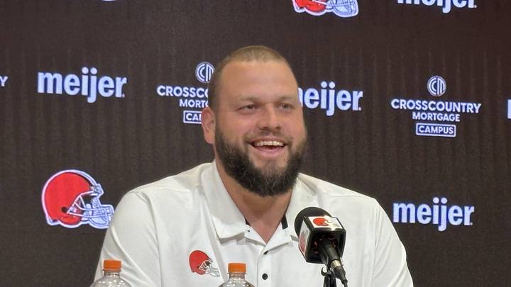 Joel Bitonio jokes with members on the media at the team’s facility in Berea on June 10, 2026. The longtime Browns guard announced his retirement from football on the same day. Joel Bitonio jokes with members on the media at the team’s facility in Berea on June 10, 2026. The longtime Browns guard announced his retirement from football on the same day.