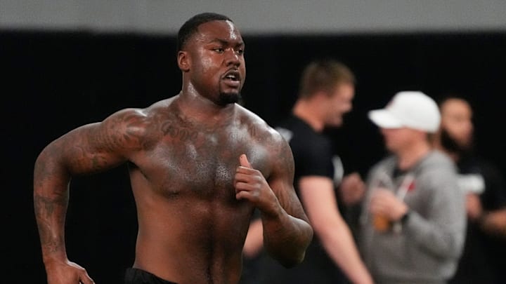 Former Georgia defensive lineman Mykel Williams runs a drill during UGA Footballs Pro Day in Athens, Ga., on Wednesday, March 12, 2025. Representatives from all 32 NFL teams are on hand to watch former UGA football players in action.