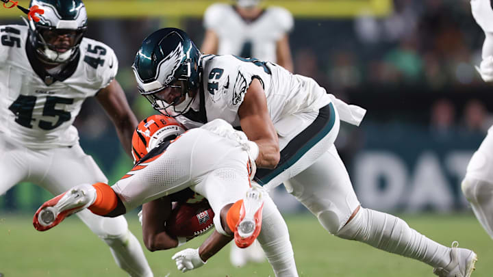 Philadelphia Eagles fullback Cameron Latu (49) tackles Cincinnati Bengals wide receiver Isaiah Williams (18) during the fourth quarter at Lincoln Financial Field. 