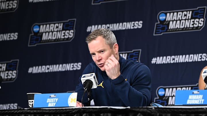 Mar 21, 2026; Buffalo, NY, USA; Michigan Wolverines head coach Dusty May speaks with media after the game against the Saint Louis Billikens during a second round game of the men's 2026 NCAA Tournament at Keybank Center. Mandatory Credit: Mark Konezny-Imagn Images