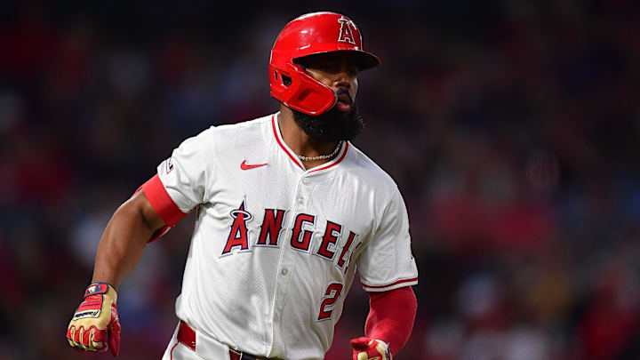 Jun 18, 2024; Anaheim, California, USA; Los Angeles Angels third base Luis Rengifo (2) runs after hitting a single against the Milwaukee Brewers during the sixth inning at Angel Stadium. Mandatory Credit: Gary A. Vasquez-Imagn Images