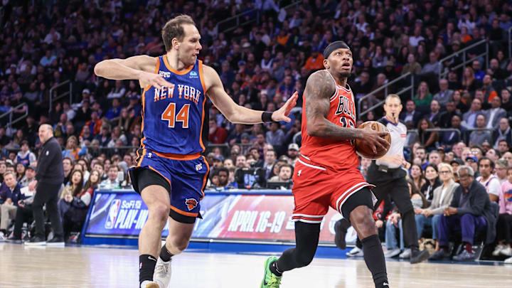 Apr 14, 2024; New York, New York, USA;  Chicago Bulls forward Torrey Craig (13) drives past New York Knicks forward Bojan Bogdanovic (44) in the third quarter at Madison Square Garden. Mandatory Credit: Wendell Cruz-Imagn Images