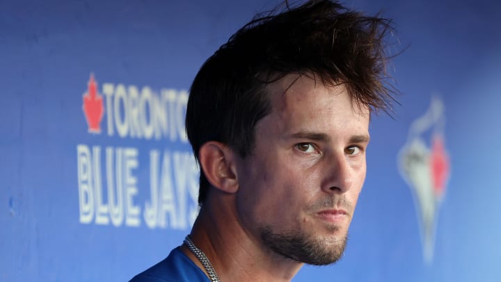 Mar 25, 2023; Dunedin, Florida, USA; Toronto Blue Jays infielder Cavan Biggio (8) looks on against the Detroit Tigers at TD Ballpark. Mandatory Credit: Kim Klement-USA TODAY Sports