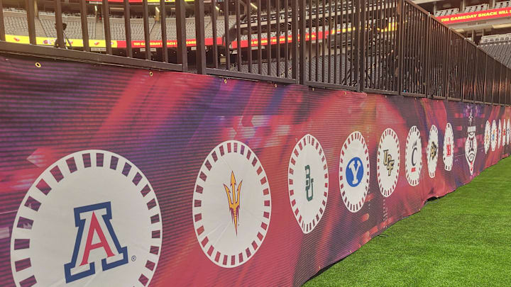 The Big 12 school's logos on display at the Big 12 Conference's Media Day on July 10, 2024. The Big 12 school's logos on display at the Big 12 Conference's Media Day on July 10, 2024.