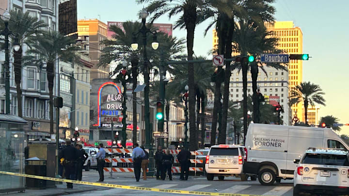 Police tape keeps people away from the scene of a crash that killed 10 and injured more than 30 on Bourbon Steet in New Orleans on Jan. 1, 2025.