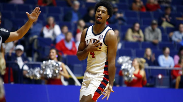 Nov 12, 2024; Oxford, Mississippi, USA; Mississippi Rebels forward Jaemyn Brakefield (4) reacts after a three point basket during the second half against the South Alabama Jaguars at C.M. 'Tad' Smith Coliseum. Mandatory Credit: Petre Thomas-Imagn Images Nov 12, 2024; Oxford, Mississippi, USA; Mississippi Rebels forward Jaemyn Brakefield (4) reacts after a three point basket during the second half against the South Alabama Jaguars at C.M. 'Tad' Smith Coliseum. Mandatory Credit: Petre Thomas-Imagn Images
