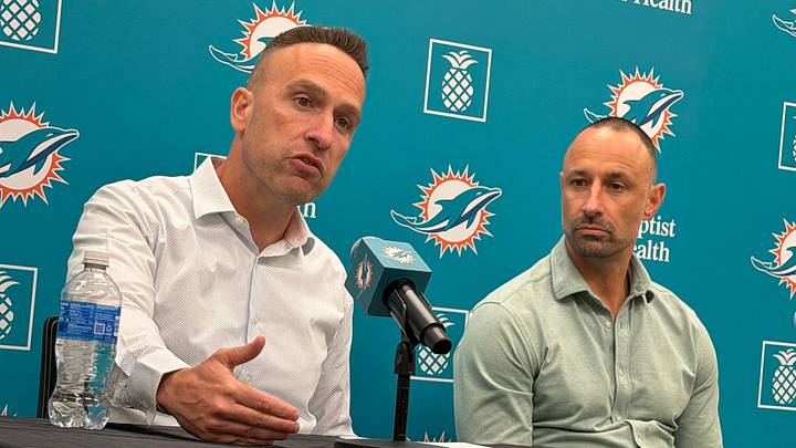 Coach Jeff Hafley (left) discusses his first draft for the Miami Dolphins along with GM Jon-Eric Sullivan on April 25, 2026.