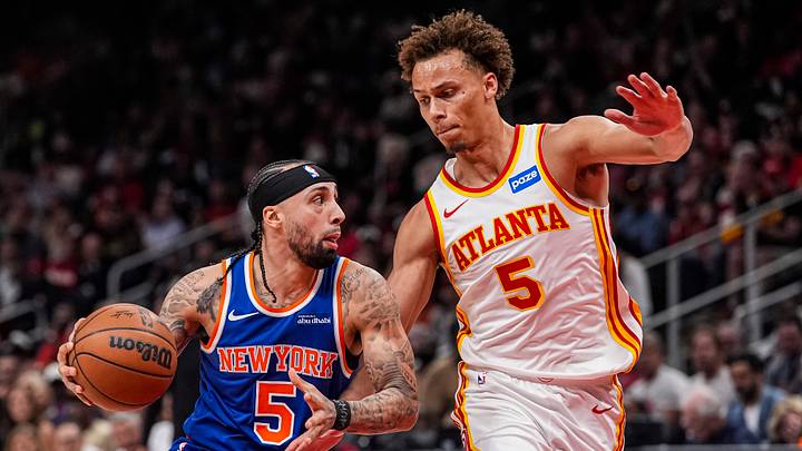 Apr 25, 2026; Atlanta, Georgia, USA; New York Knicks guard Jose Alvarado (5) is defended by Atlanta Hawks guard Dyson Daniels (5) during the first half during game four of the first round of the 2026 NBA Playoffs at State Farm Arena. Mandatory Credit: Dale Zanine-Imagn Images