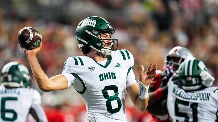 Ohio Bobcats QB Poulos makes a pass in the first half at the Ohio Stadium in 2025. Ohio Bobcats QB Poulos makes a pass in the first half at the Ohio Stadium in 2025.