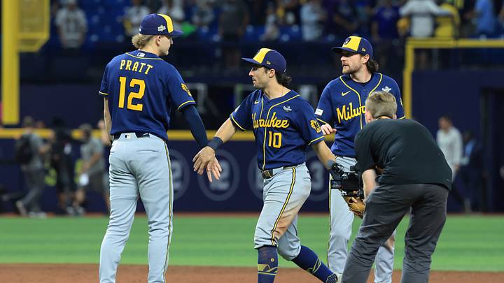 Oct 26, 2026; St. Petersburg, Florida, USA; Milwaukee Brewers outfielder Sal Frelick (10) celebrates with infielder Cooper Pratt (12) after the last out of the game against the Tampa Bay Rays during the ninth inning in game three of the 2026 World Series at Tropicana Field. Mandatory Credit: Kim Klement Neitzel-Imagn Images Oct 26, 2026; St. Petersburg, Florida, USA; Milwaukee Brewers outfielder Sal Frelick (10) celebrates with infielder Cooper Pratt (12) after the last out of the game against the Tampa Bay Rays during the ninth inning in game three of the 2026 World Series at Tropicana Field. Mandatory Credit: Kim Klement Neitzel-Imagn Images