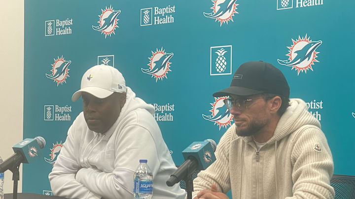 Miami Dolphins GM Chris Grier (left) and Coach Mike McDaniel conduct their annual season-ending press conference.