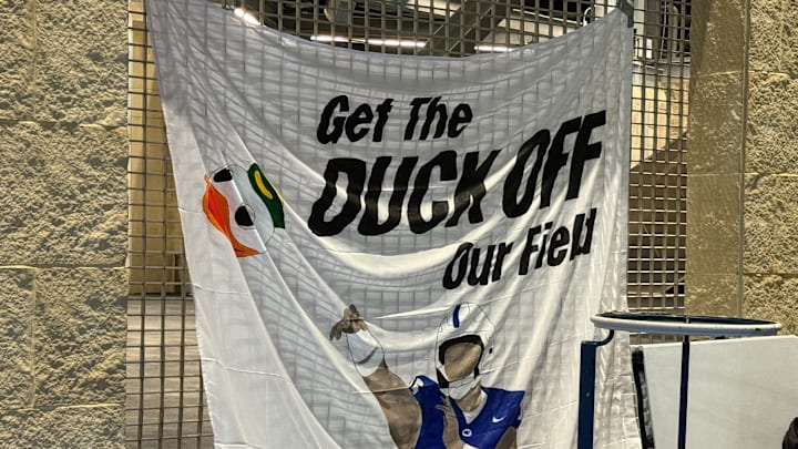 A student-painted sign hangs outside Beaver Stadium before Saturday's White Out game between the Penn State Nittany Lions and Oregon Ducks. A student-painted sign hangs outside Beaver Stadium before Saturday's White Out game between the Penn State Nittany Lions and Oregon Ducks.