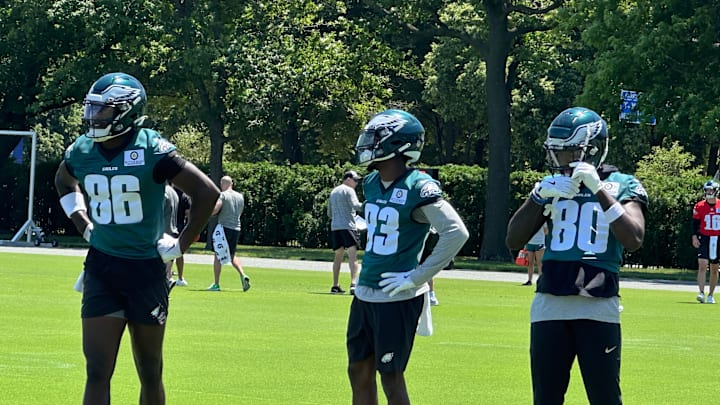 Eagles receivers, from left to right, Joseph Ngata, John Ross, and Parris Campbell run through drills during the team's OTA practice on May 30, 2024 Eagles receivers, from left to right, Joseph Ngata, John Ross, and Parris Campbell run through drills during the team's OTA practice on May 30, 2024