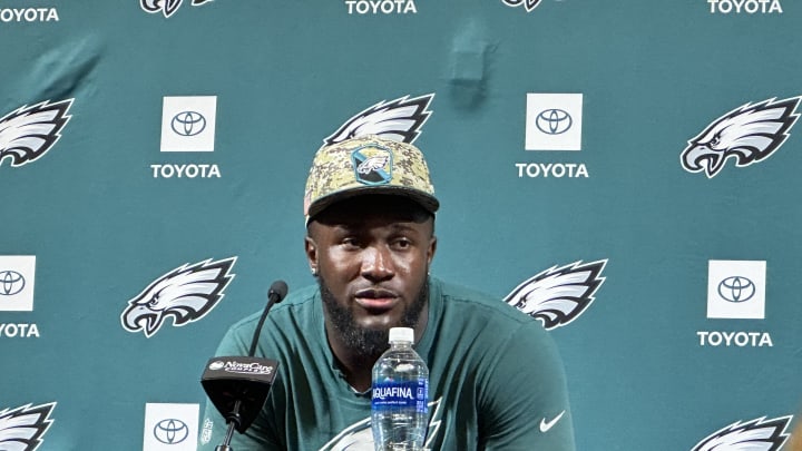 Eagles linebacker Devin White meets with reporters during the team's mandatory minicamp in the first week of June.