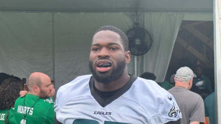 Eagles second-year defensive tackle Moro Ojomo takes the practice field for the Eagles