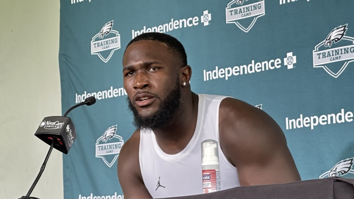 Eagles linebacker Devin White talks after Day 2 of training camp. Eagles linebacker Devin White talks after Day 2 of training camp.
