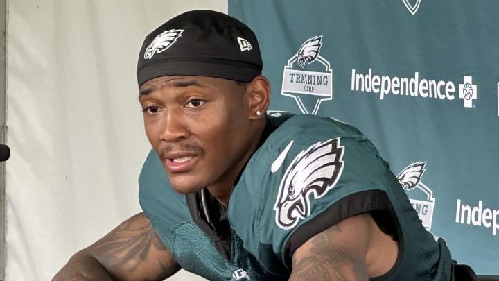 Eagles WR DeVonta Smith speaks after his standout practice effort on Aug. 4, 2024 Eagles WR DeVonta Smith speaks after his standout practice effort on Aug. 4, 2024