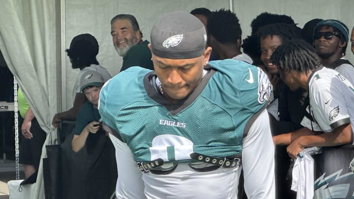 Eagles WR DeVonta Smith arrives at practice on Aug. 11, 2024 Eagles WR DeVonta Smith arrives at practice on Aug. 11, 2024