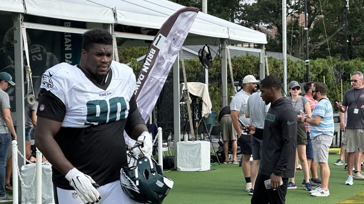 Eagles defensive tackle Jordan Davis takes the practice field during training camp.