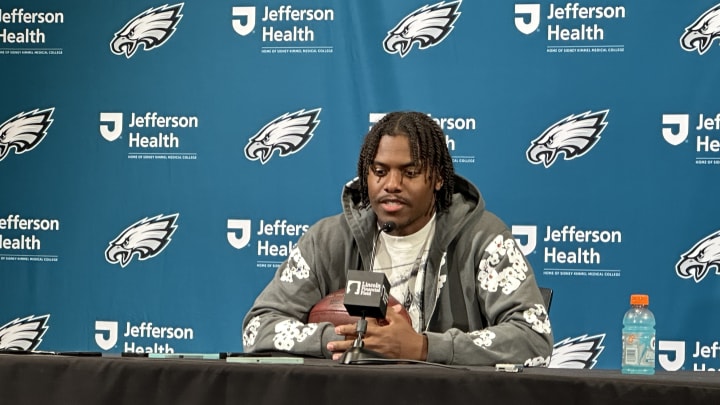 Eagles receiver Jahan Dotson talks to reporters for the first time after being traded by the Washington Commnaders. Eagles receiver Jahan Dotson talks to reporters for the first time after being traded by the Washington Commnaders.